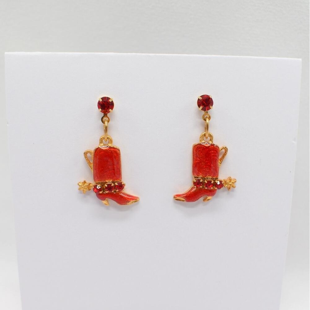 Rhinestone Cowboy Boot Dangle Earrings Gold & Red Enamel Western Cowgirl Rodeo